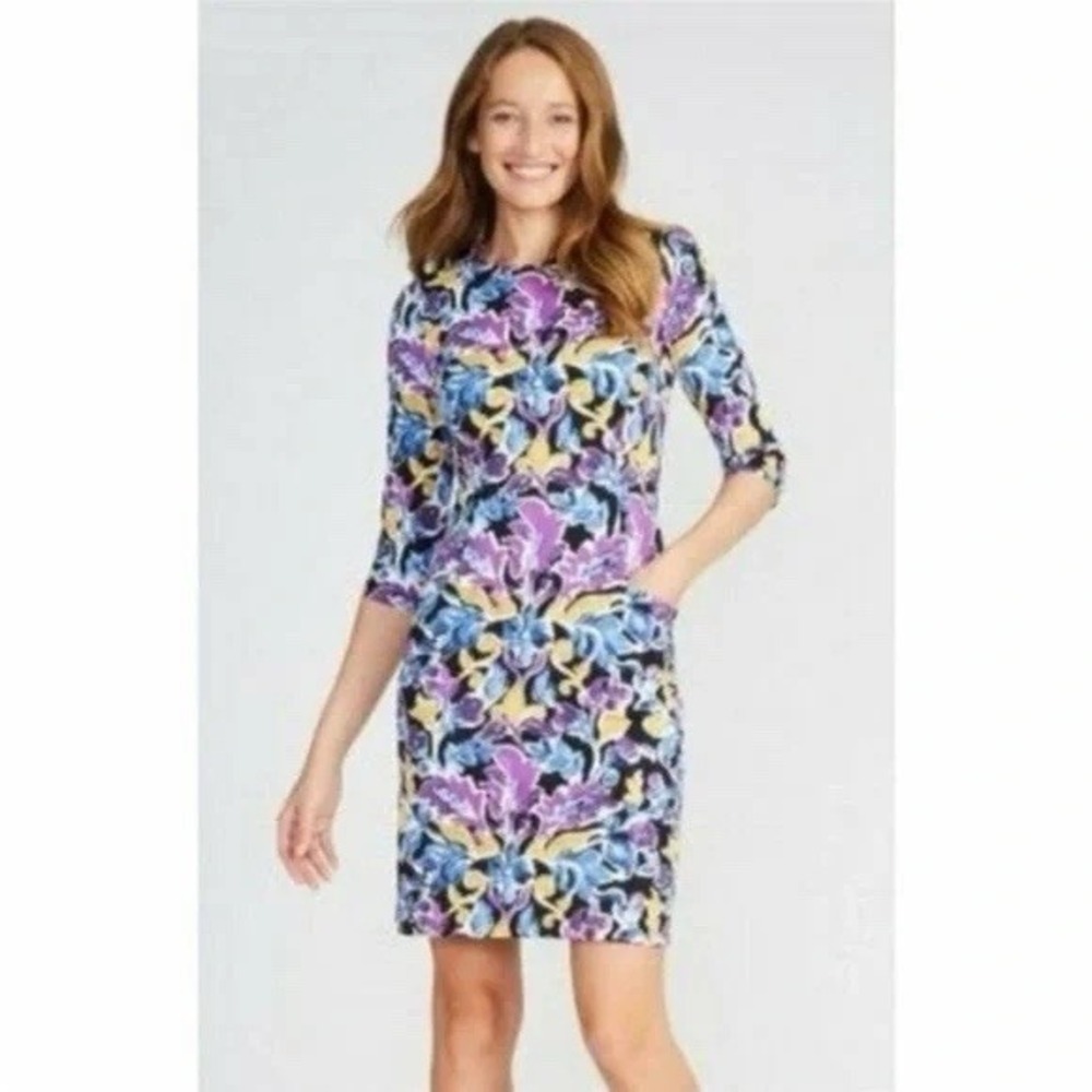 J.‎ McLAUGHLIN Catalyst Dress Black Purple Floral Print Small Catalina Cloth